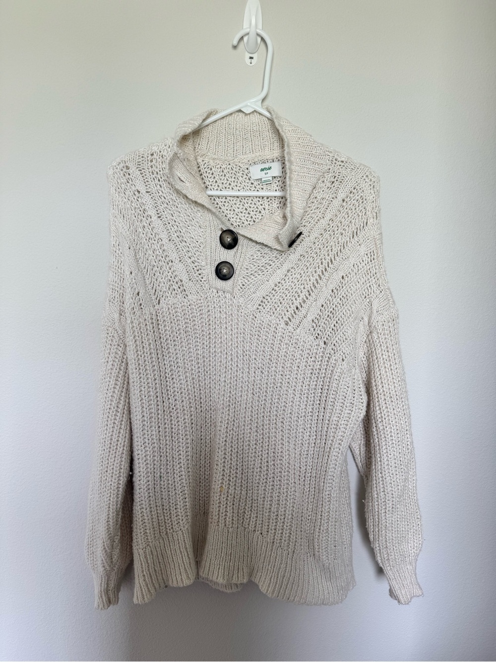 Aerie Cozy Shawl Collar Button Knit Sweater - Cream
